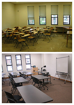 Pictures of one of the classrooms, before and after.